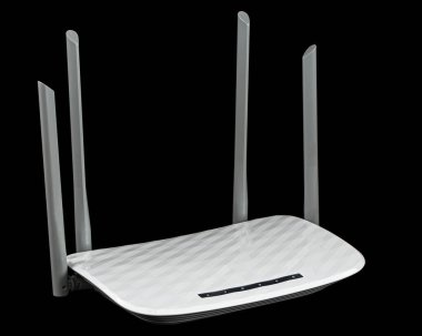 WI-FI kablosuz yönlendirici, kablosuz veri teknolojisi, siyah arkaplanda izole edilmiş.