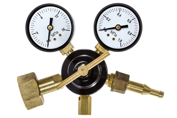 Regulador de presión de gas con manómetro, aislado con recorte pa —  Fotos de Stock