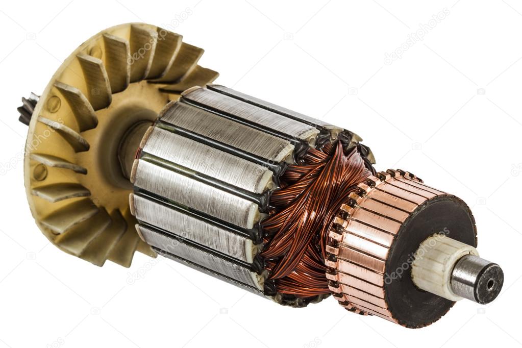 Rotor of electric motor close-up, isolated on white background