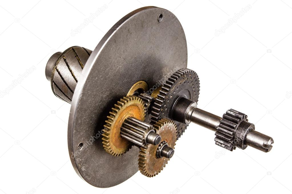 Gear wheels of reducer motor, isolated on white background