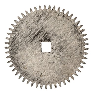 Eski saat mekanizması, beyaz arka plan üzerinde izole pinyon