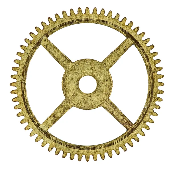 Eski saat mekanizması, beyaz arka plan üzerinde izole pinyon — Stok fotoğraf