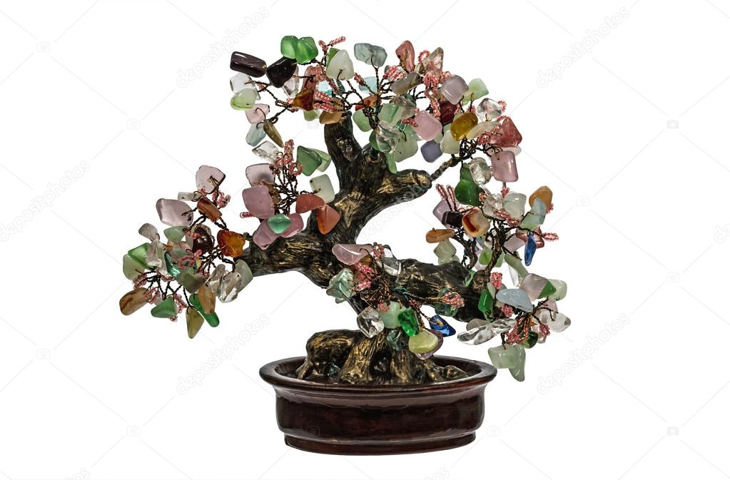 Decorative tree from natural semiprecious stones isolated on whi