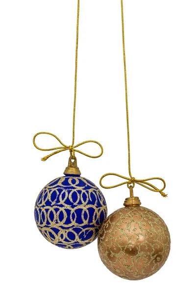 Beautiful Christmas balls are suspended on a gold thread, isolat — Stock Photo, Image