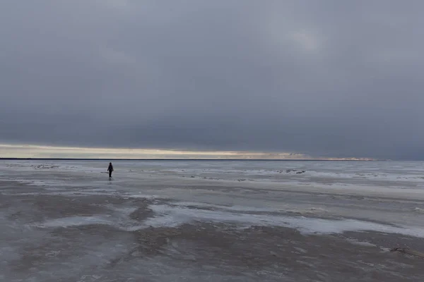 Silhouette Solitaria Sulla Spiaggia Parnu Inverno Estonia — Foto Stock