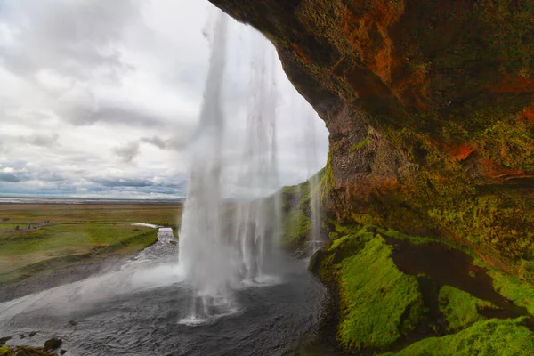 Der Seljalandsfoss Wasserfall Sommerblick Von Hinten Island Südisland Route — Stockfoto