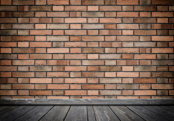 Brick wall and old wooden floor background.