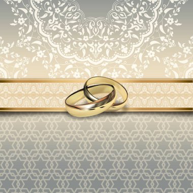 Zarif desenli ve altın yüzüklü dekoratif bir arka plan. Düğün davetiyesi tasarımı.