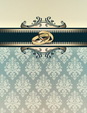 Zarif desenli ve altın yüzüklü dekoratif bir arka plan. Düğün davetiyesi tasarımı