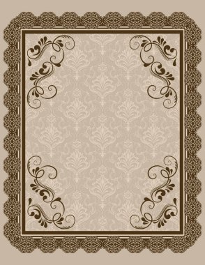 Süslü kenarlı ve zarif desenli dekoratif vintage arka plan. Klasik davet kartı tasarımı.