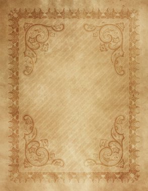 Klasik kenar ve dekoratif desenlere sahip eski grunge kağıt arkaplan.
