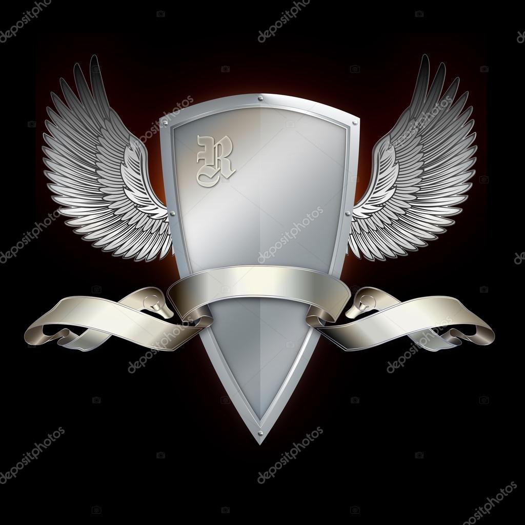 Shield with wings and silver banner on a black background.