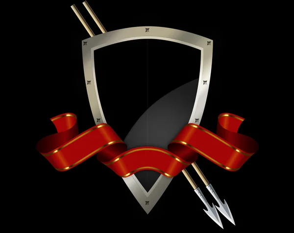 Medieval shield with red ribbon and spears. — Stock Photo, Image