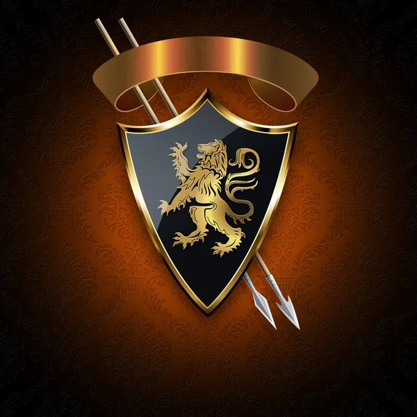 Gold shield with spears and gold banner. — Stock Photo, Image