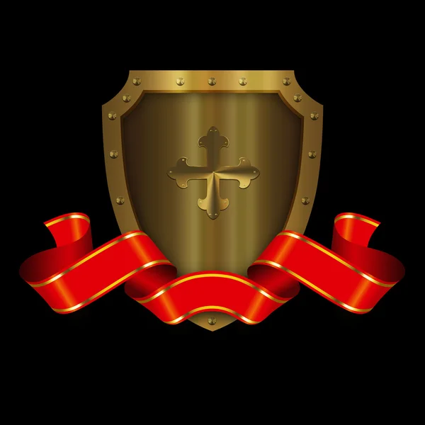 Medieval gold shield with cross and red ribbon. — Stock Photo, Image