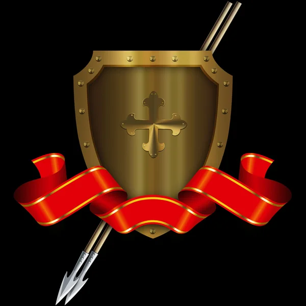Średniowieczne złota tarcza z Krzyża i czerwoną wstążką. — Zdjęcie stockowe