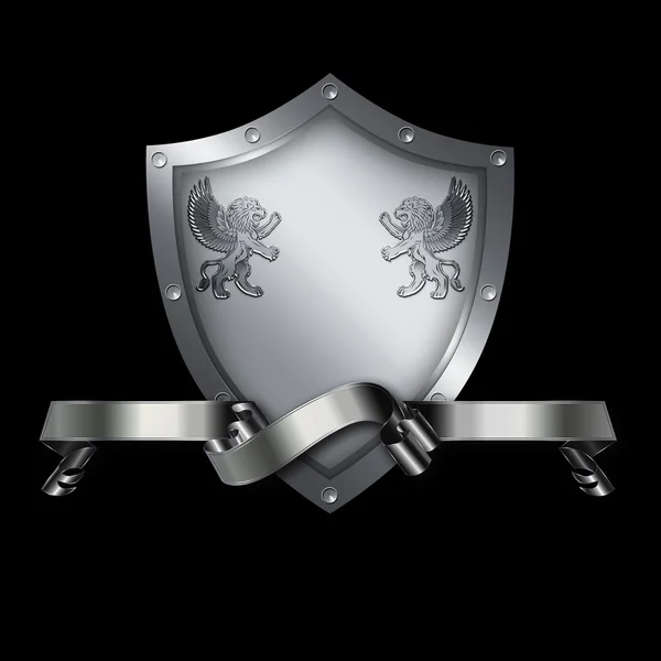 Escudo medieval con lanzas y cinta de plata . —  Fotos de Stock