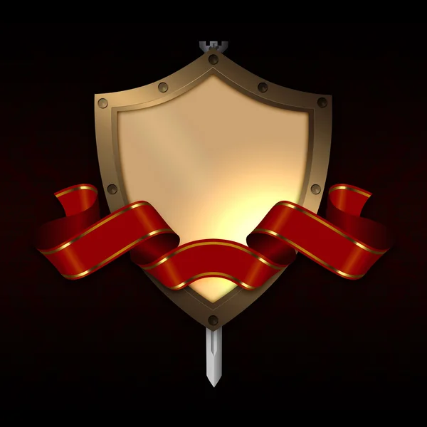 Escudo medieval con espada y cinta roja . —  Fotos de Stock