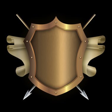 Kaydırma parşömen ve spears ile altın perçinli kalkan.