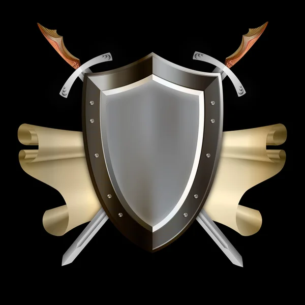 Medieval shield with scroll and two swords. — Stock Photo, Image