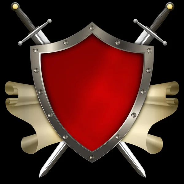 Medieval shield with scroll and swords on black background. — Stock Photo, Image