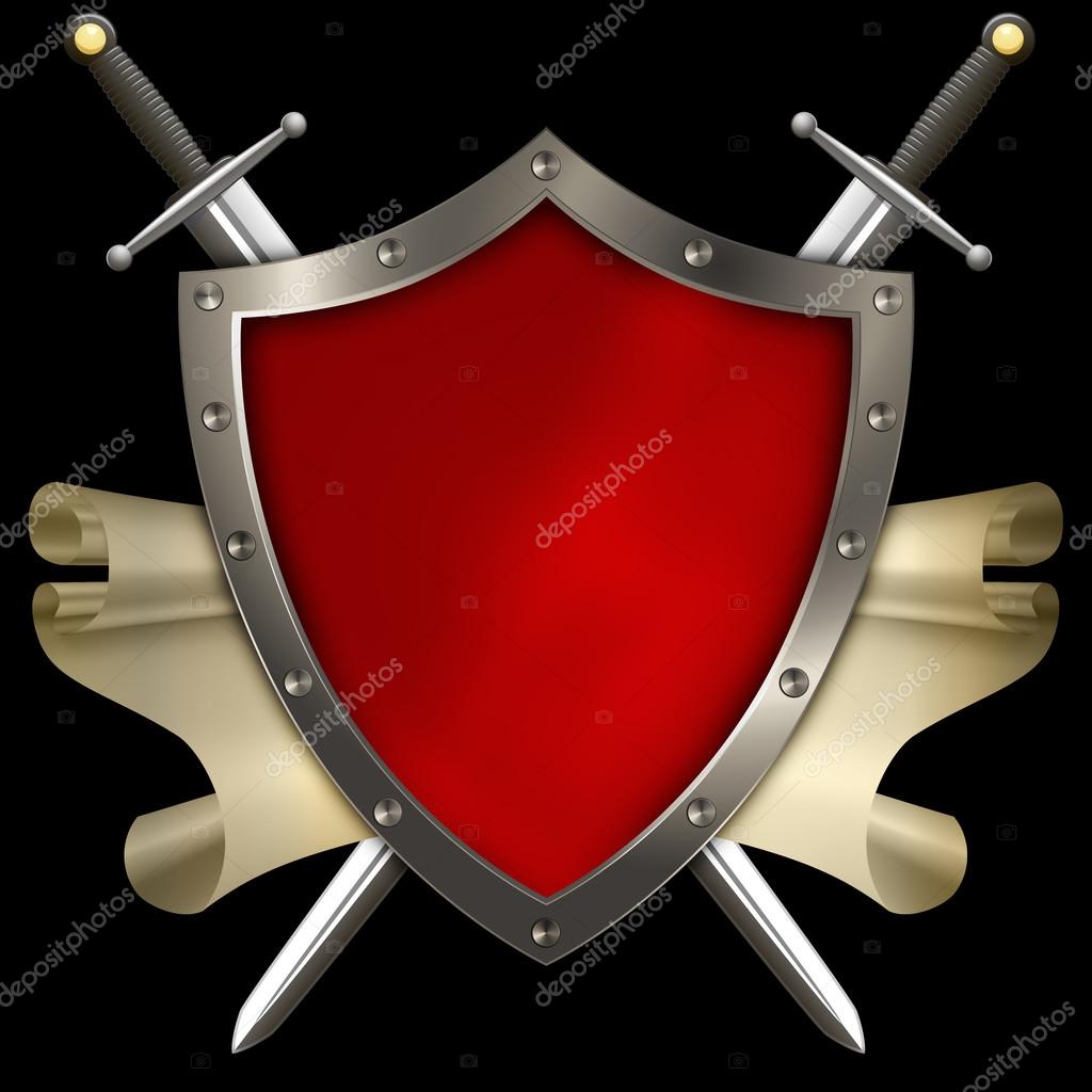 Medieval shield with scroll and swords on black background. Stock Photo