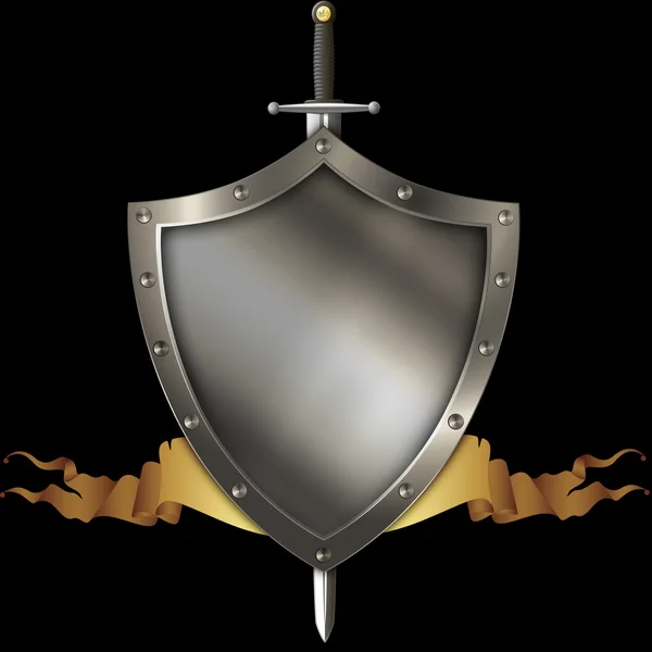 Medieval shield with gold ribbon and sword on black background. — Stock Photo, Image