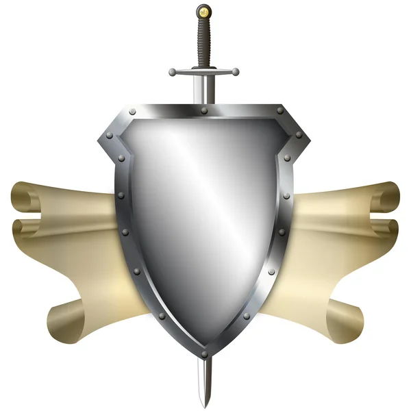 Antiguo escudo con pergamino y espada sobre fondo blanco . —  Fotos de Stock