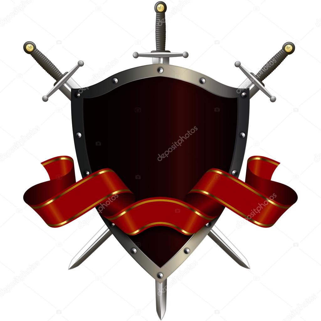 Medieval shield with swords and red ribbon.