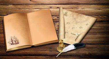 Eski harita ve eski ahşap bir masa üzerine eski kitap.