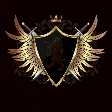 Hanedan aslan, altın kanatlar ve kılıç ile antik kalkan.