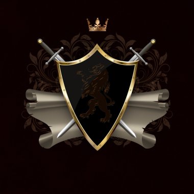 Hanedan aslan, kaydırma ve kılıç ile antik kalkan.