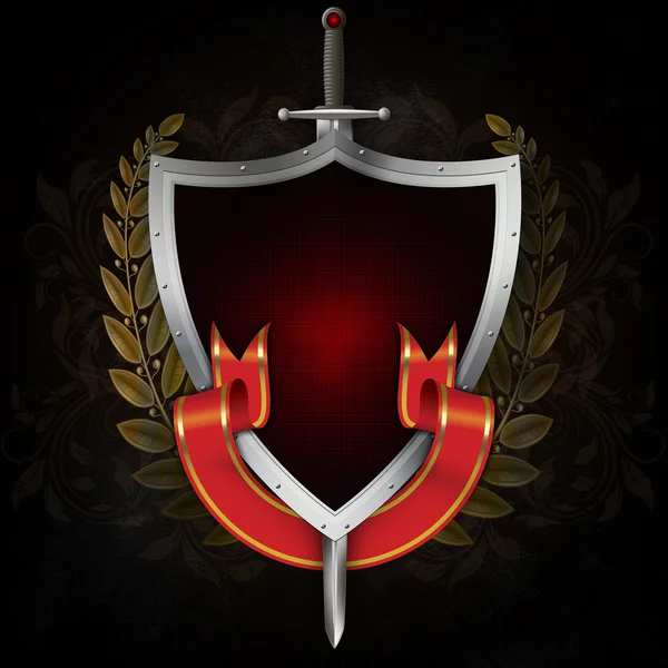 Altes silbernes Schild mit Schwert und roter Schleife auf dunklem Grunge B — Stockfoto
