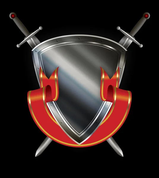 Silver shield with swords and red ribbon on black background. — Stock Photo, Image