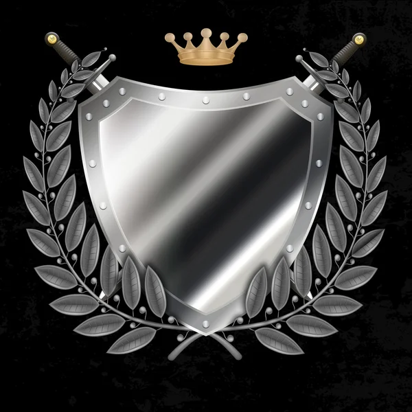 Alter silberner Schild mit zwei Schwertern und goldener Krone und Lorbeer — Stockfoto