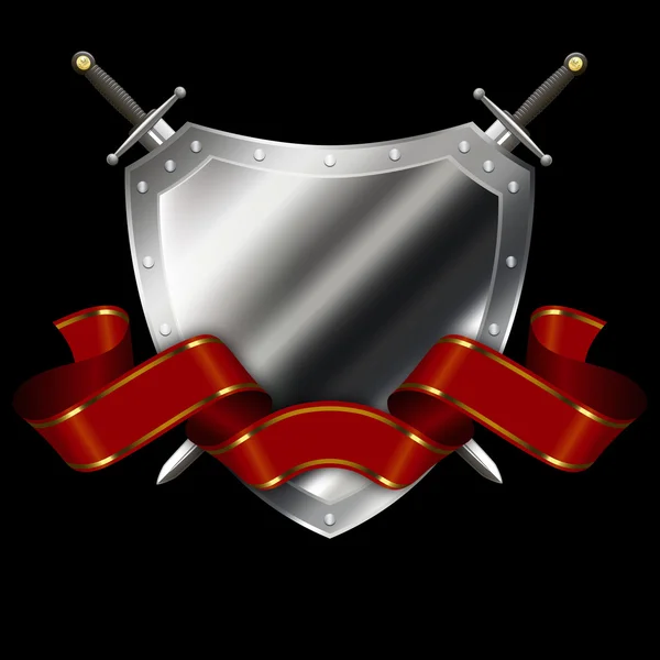 Древнесеребряный щит с двумя мечами и красной лентой . — стоковое фото