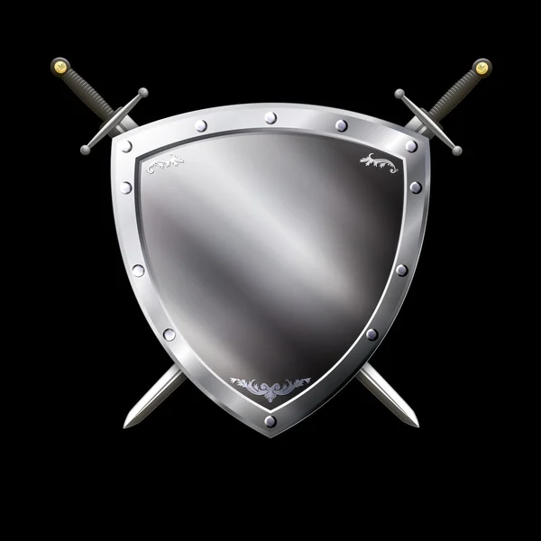 Mittelalterlicher silberner Schild mit zwei Schwertern. — Stockfoto
