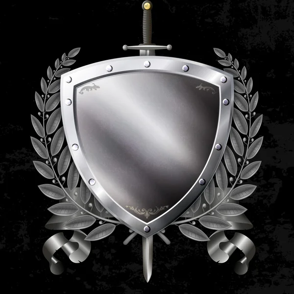 Escudo medieval de plata con espada y cinta y rama de laurel . —  Fotos de Stock