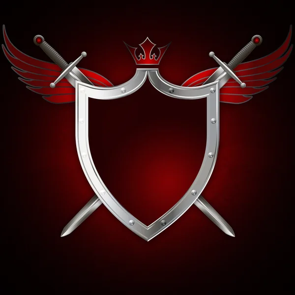 Heraldic shield with swords and red wings. — Stock Photo, Image