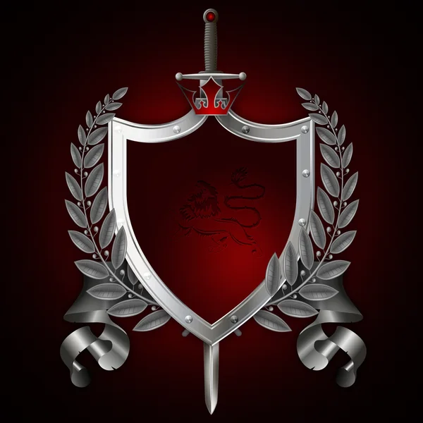 Heraldický štít s mečem a laurel větev, červená koruna, stříb — Stock fotografie