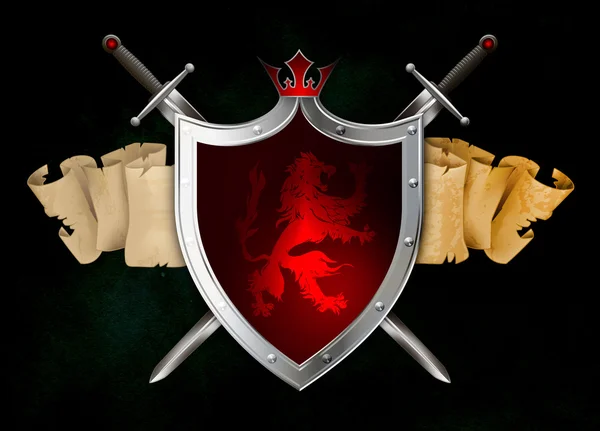 Medeltida silver shield med svärd och heraldiska element. — Stockfoto
