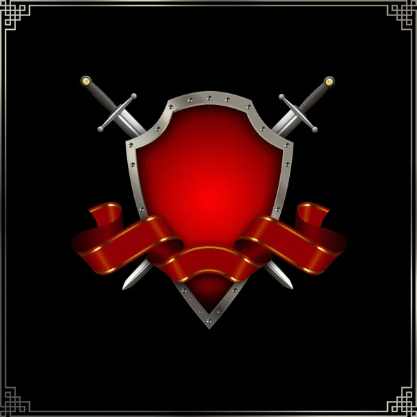 Древний щит, мечи и красная лента . — стоковое фото
