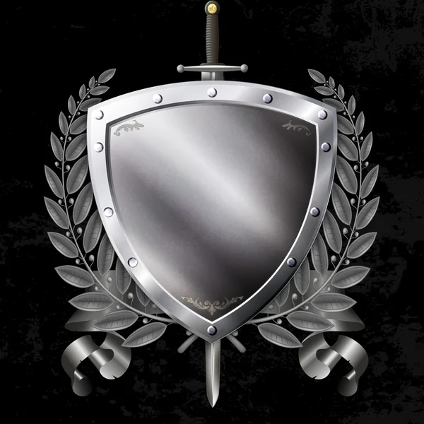 Medieval silver shield with sword and ribbon and laurel branch. — Stock Photo, Image