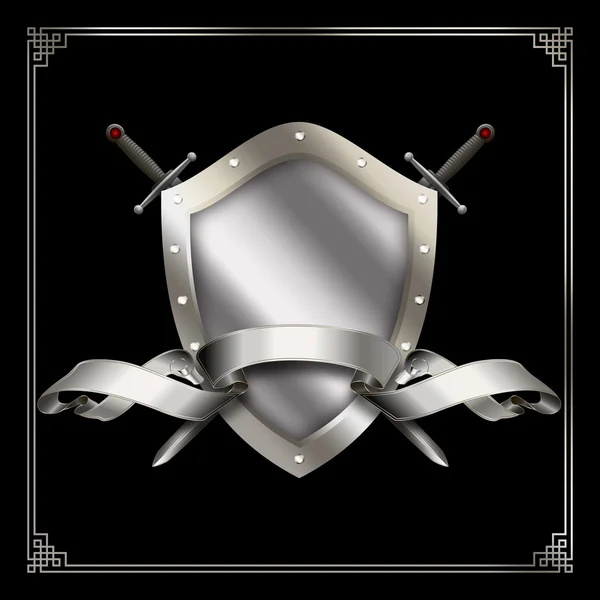 Heraldic shield with silver ribbon and swords. — Stock Photo, Image