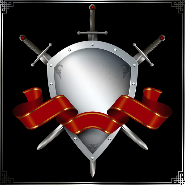 Escudo medieval com espadas e fita . — Fotografia de Stock
