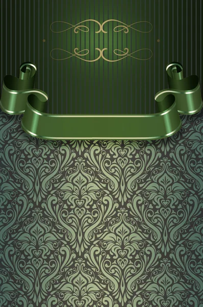 Green vintage background with ribbon and ornament. — Stockfoto