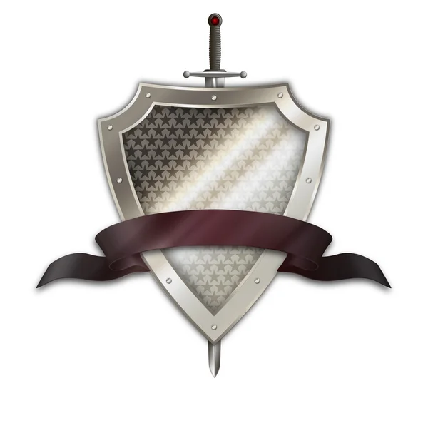 Silver shield with sword and red ribbon. — Stock Photo, Image