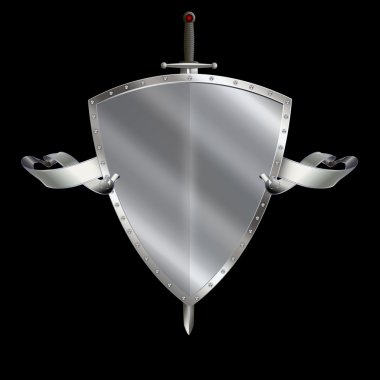 Gümüş hanedan kalkan ortaçağ kılıç ve gümüş şerit.