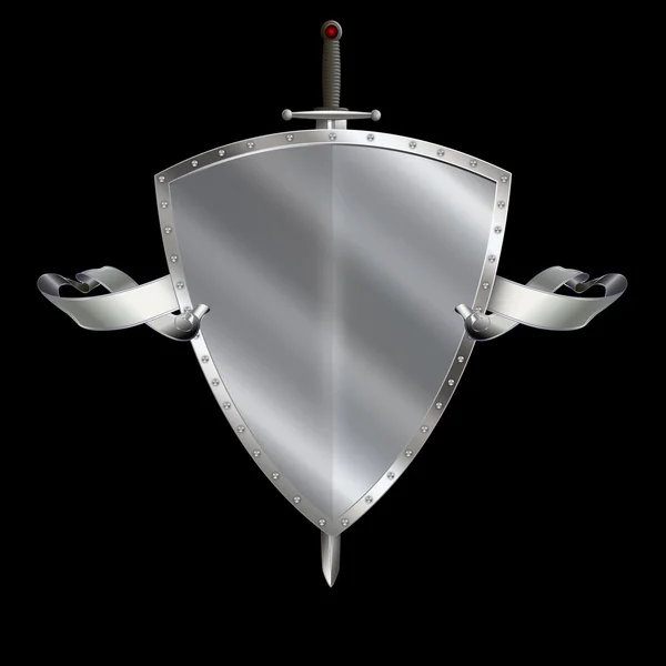 Серебряный геральдический щит со средневековым мечом и серебряной лентой . — стоковое фото