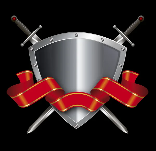 Medieval shield with scroll and swords on black background. — Stock